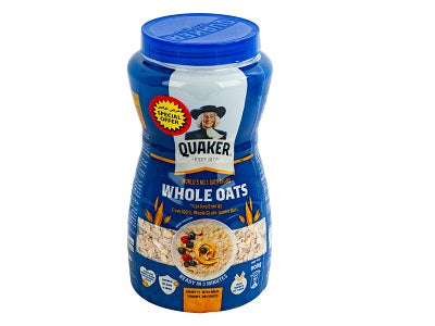 Quaker Whole Oats 900g plastic canister with blue lid and label
