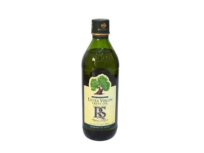 RS extra virgin olive oil bottle, dark green glass with paper label