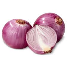 Red onions, whole with one onion sliced, purple skins and white layers