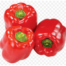 Red bell peppers, three whole peppers with stems and green caps