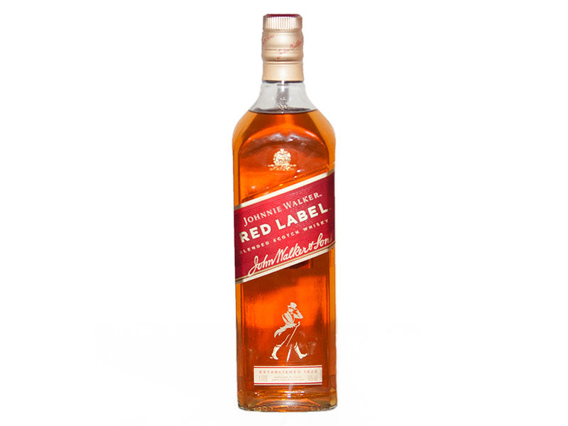 Johnnie Walker Red Label 1L whisky bottle with amber liquid and red label
