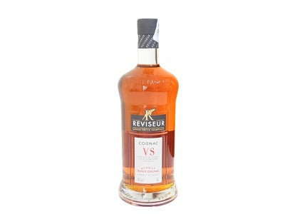 Reviseur cognac bottle, 1L, amber glass with label and black foil cap