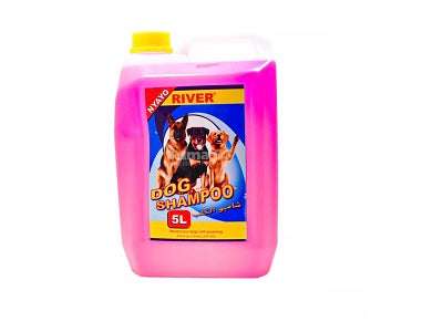 River Dog shampoo bottle, 5L, pink liquid with yellow cap