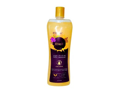 Rivoli shower gel bottle, golden amber with gold cap and flip-top opening