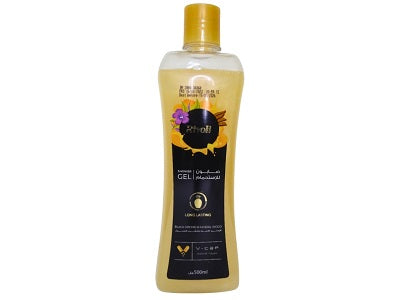 Rivoli shower gel bottle, tan beige with gold cap and flip-top opening