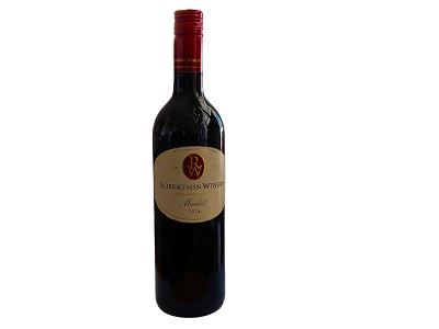 Dark red wine bottle with red cap and cream label