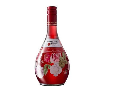 Floral wine bottle with red cap and rose pattern on deep red liquid