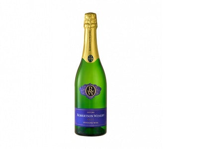 Green glass sparkling wine bottle with gold foil cap and Robertson label
