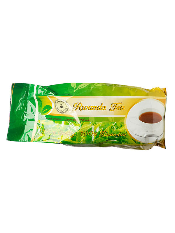 Rwanda tea loose-leaf pouch in green and yellow packaging with cup graphic