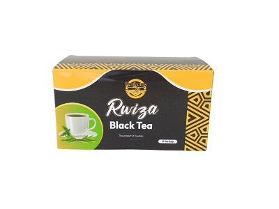 Rwiza black tea box, 25 sachets, black and gold packaging