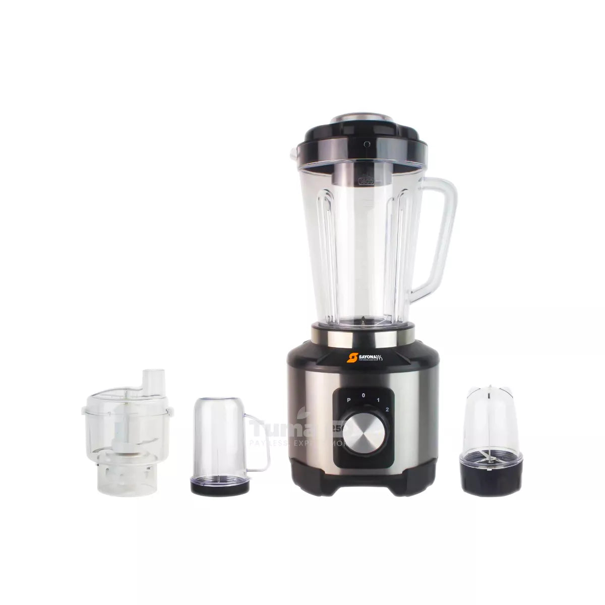 Sayona SB-4634 4-in-1 blender with transparent jar and cups, black countertop base