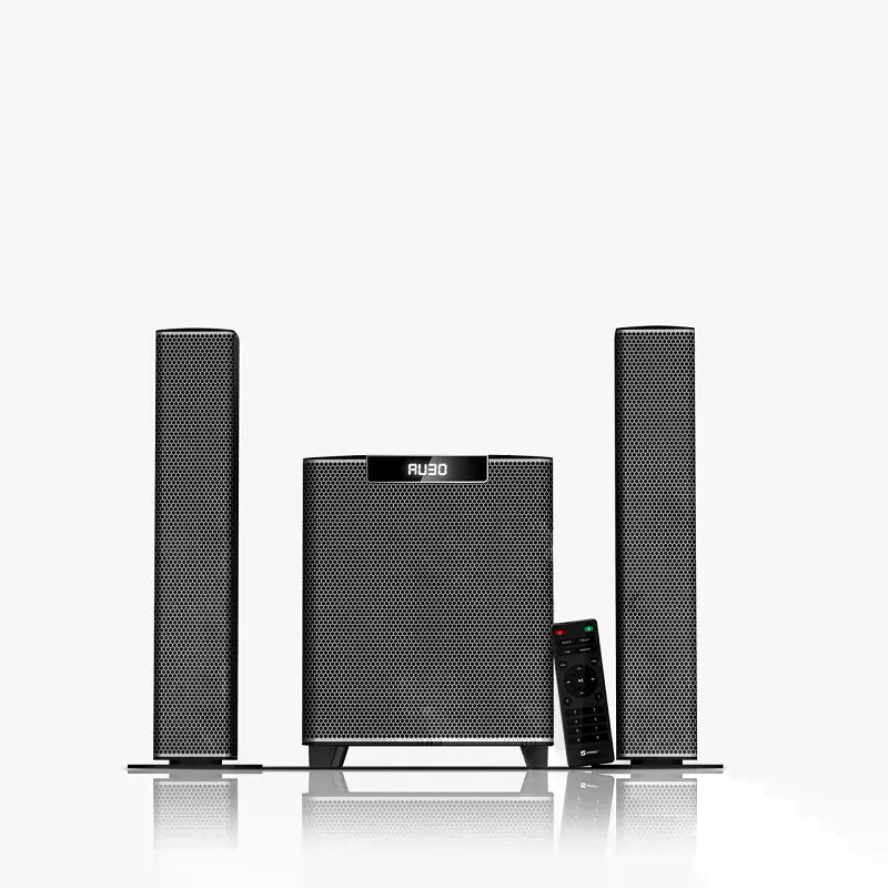 Black speaker system with two tall tower speakers, center subwoofer, and remote control