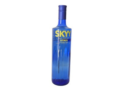 SKYY Infusions citrus 1L bottle, blue glass with yellow SKYY label