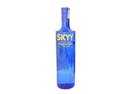 SKYY Infusions passion fruit 1L bottle, blue glass with SKYY label