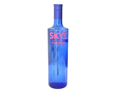 SKYY Infusions raspberry 1L bottle, blue glass with SKYY label