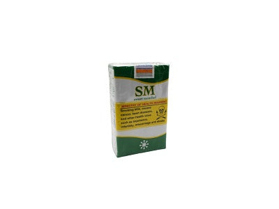 White and green SM cigarette pack, front label and brand mark visible