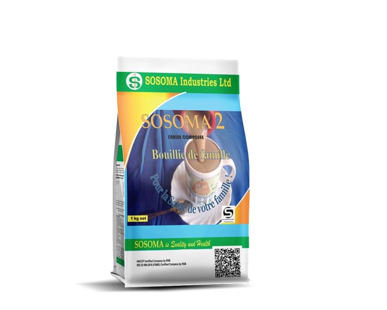 Sosoma 2 branded product bag, printed label and barcode on white package