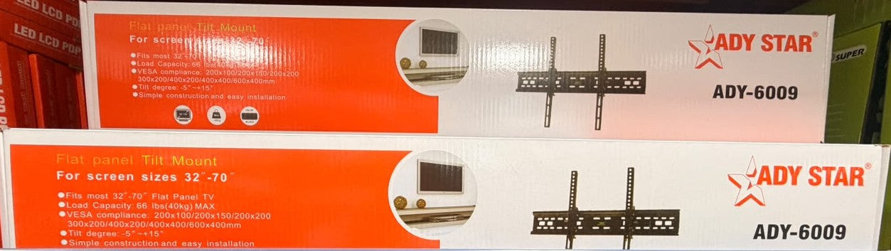 Ady Star flat panel TV wall mount package with bracket and screen-size diagram