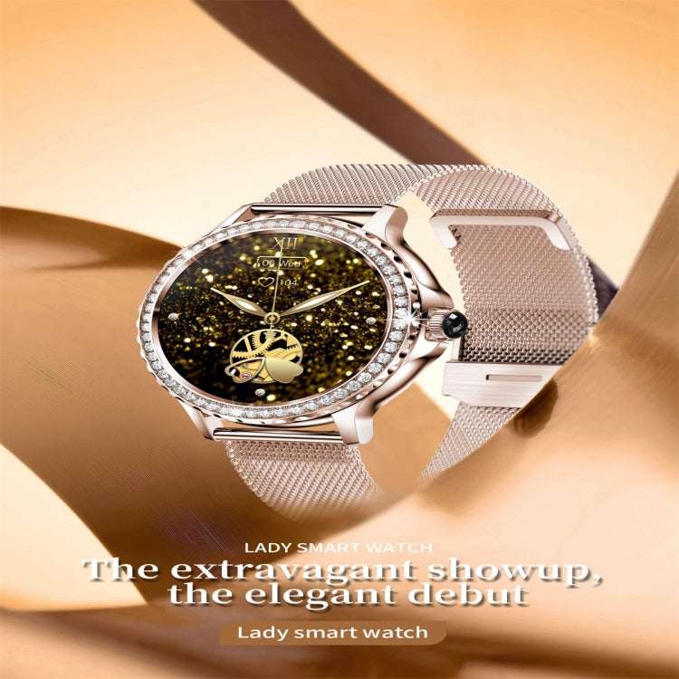 NX19 round smart watch with gold glitter display, silver mesh band, jeweled bezel