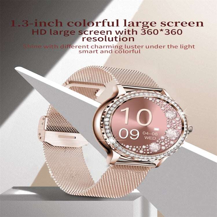NX19 round smart watch with pink screen showing digits, jeweled bezel, silver mesh band