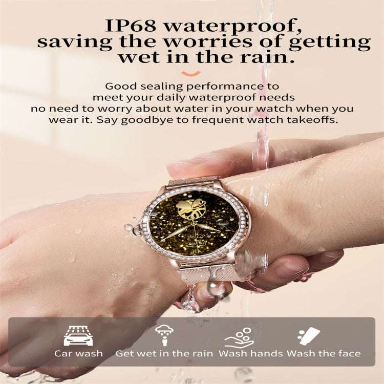 NX19 round smart watch on wrist with gold glitter display, silver mesh band