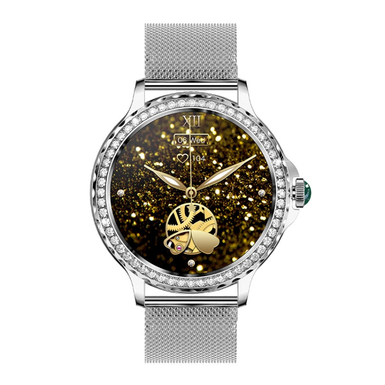 NX19 round smart watch with gold glitter display, jeweled bezel, and silver mesh band