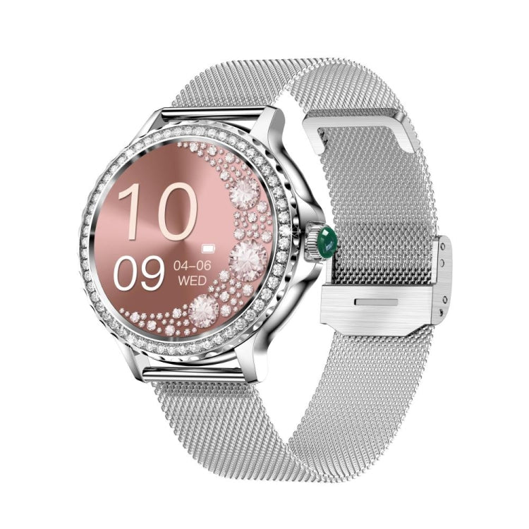 NX19 round smart watch with pink display, jeweled bezel, and silver mesh band