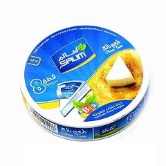 Blue round cheese container with triangular cheese slices on the lid