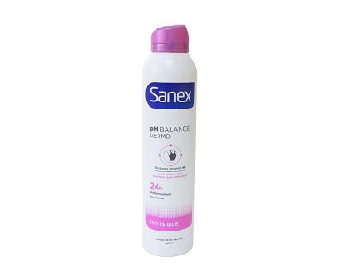 Sanex pH Balance deodorant spray bottle with purple cap, white bottle