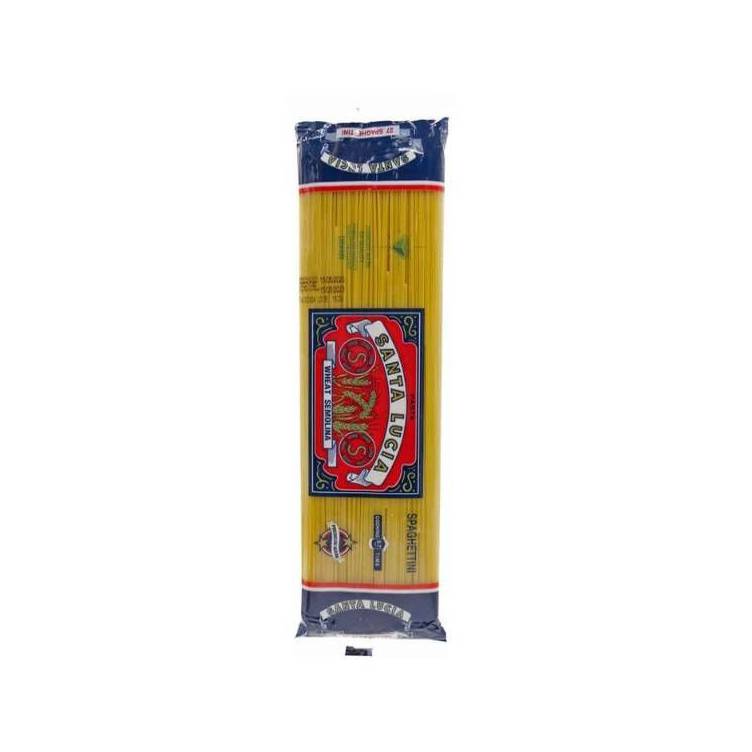 Spaghetti pasta in yellow bag with blue top and red label
