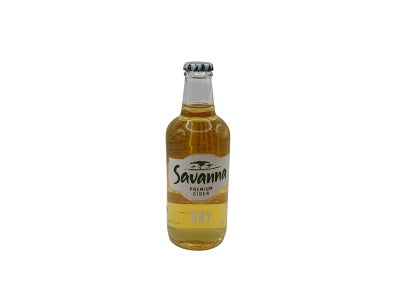 Savanna dry cider bottle, amber glass, crown cap, front label
