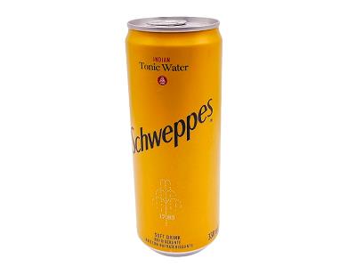 Schweppes Indian tonic water can with metal top, orange-yellow label