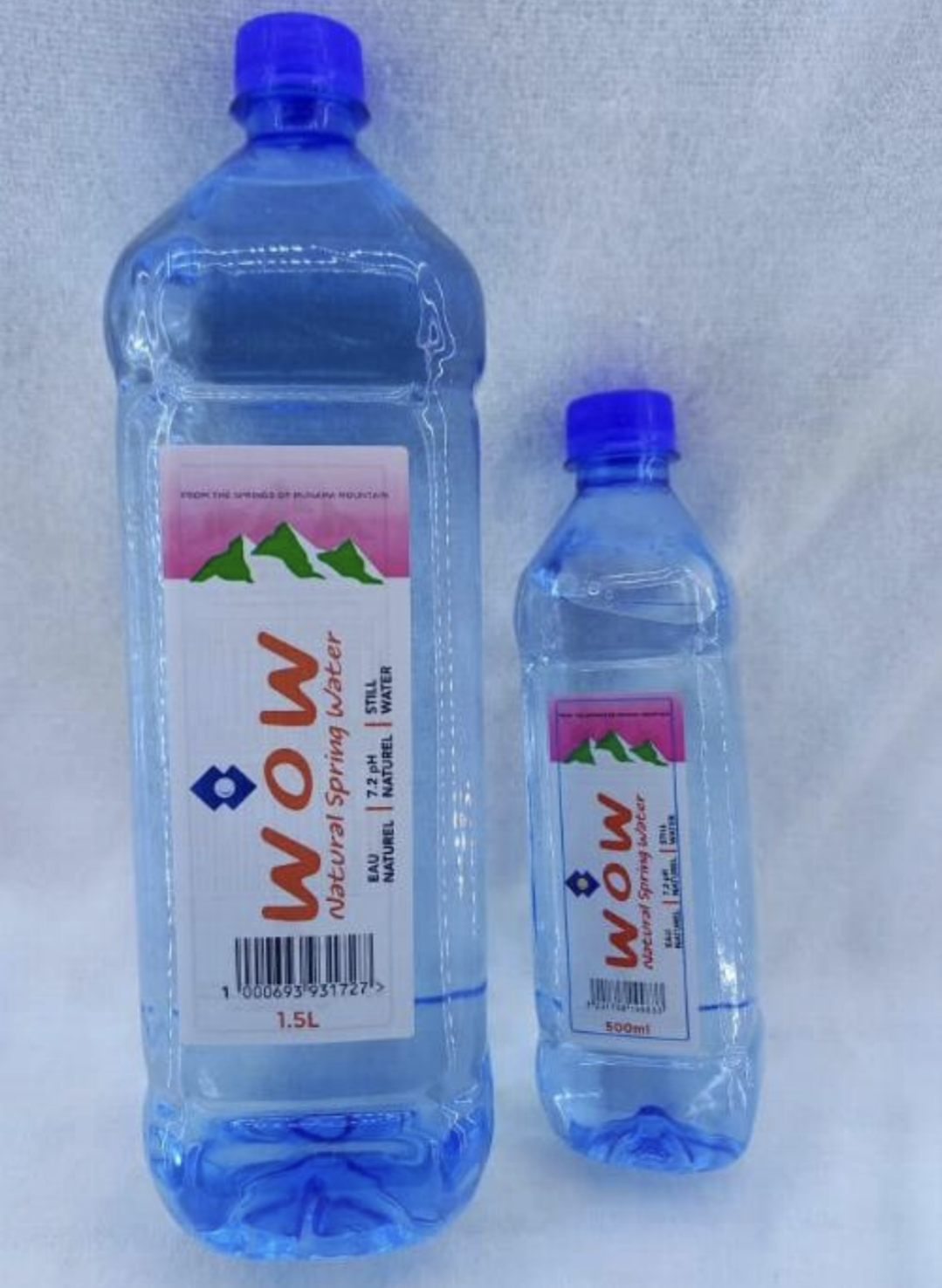 WoW Water bottled drinking water, clear blue bottle with blue cap, 1.5 L size