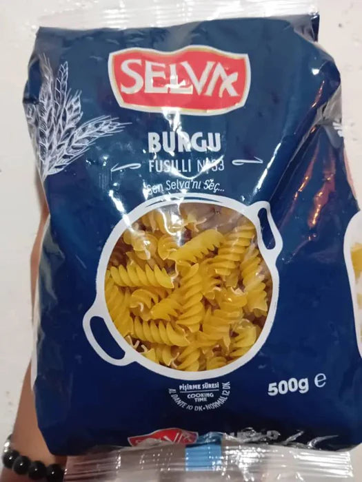 Fusilli pasta pouch, dark blue with red SELVA logo, yellow pasta image, 500 g