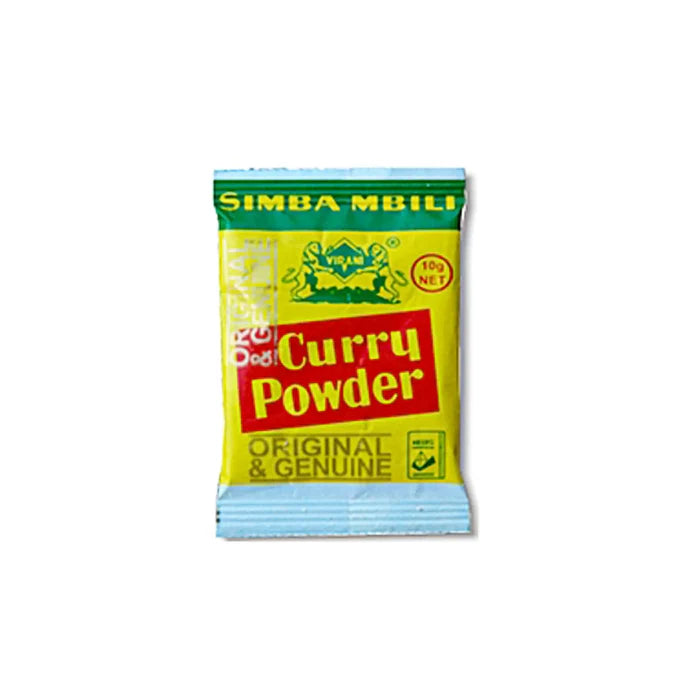 Simba mbili curry powder sachet, green and yellow pack with red Curry Powder text