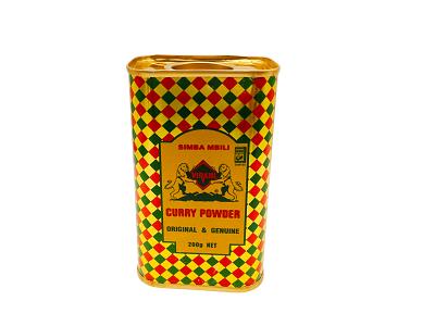 Curry powder container, Simba Mbili brand, red and green patterned cylinder, 200g