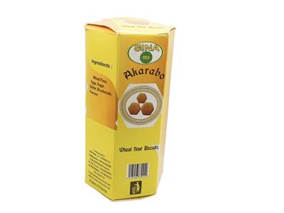 Sina Akarabo biscuits box, yellow carton with brand and wheat flour biscuits label