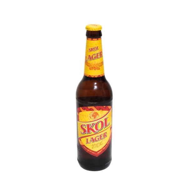 Skol Lager beer bottle with yellow cap and branded label