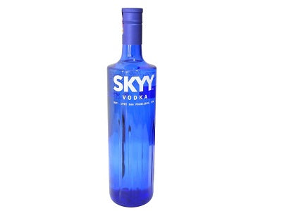 SKYY Vodka 1L bottle, blue glass with SKYY Vodka label