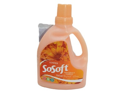 Sta-Soft fabric softener bottle, peach-orange liquid with Tender label and amber cap