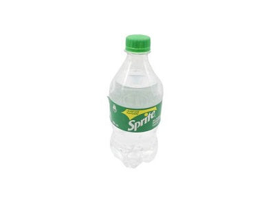 Sprite soft drink bottle with green cap and green label, clear plastic bottle