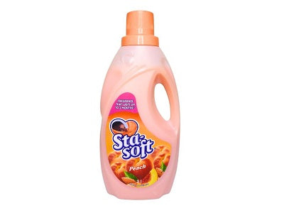 Sta-Soft fabric softener bottle, peach-orange liquid with Peach label and orange cap