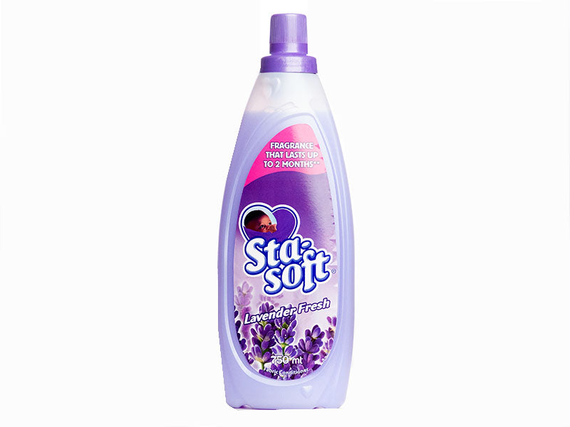 Sta-Soft fabric softener bottle, light purple liquid with Lavender Fresh label and purple cap