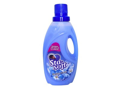 Sta-Soft fabric softener bottle, blue liquid with Spring Fresh label and blue cap