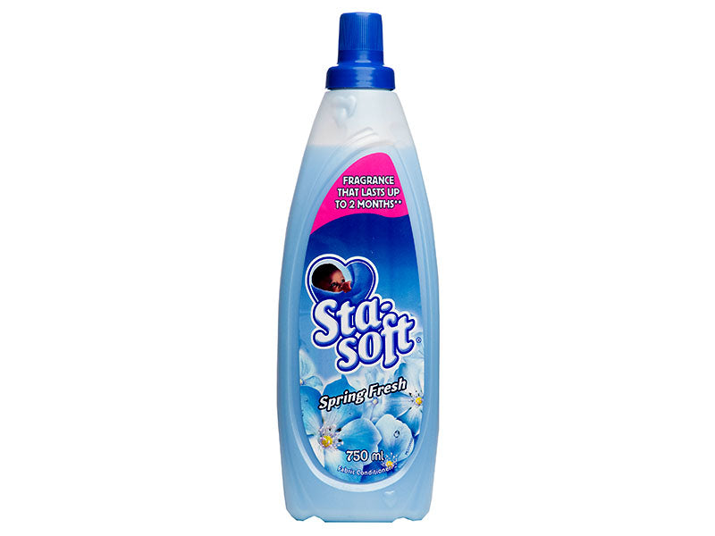 Sta-Soft fabric softener bottle, blue liquid labeled 750 ml with Spring Fresh design