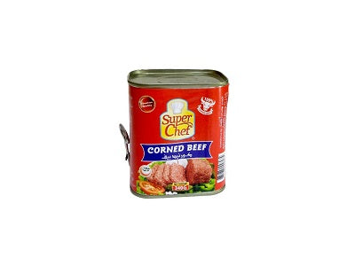 Corned beef canned meat with Super Chef label, red-and-green metal can