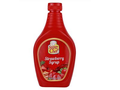 Super Chef strawberry syrup bottle, 624g, red squeeze bottle with fruit label