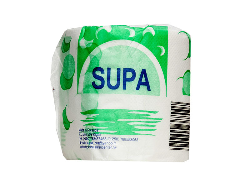 SUPA toilet paper roll in green-and-white wrapper with leaf pattern