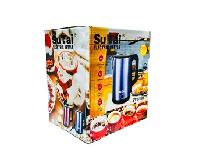 Sutai electric kettle in retail box, blue stainless body with handle and lid shown