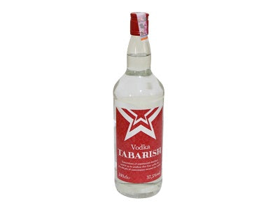 Vodka bottle with red foil cap and red label, clear glass body, 1L size